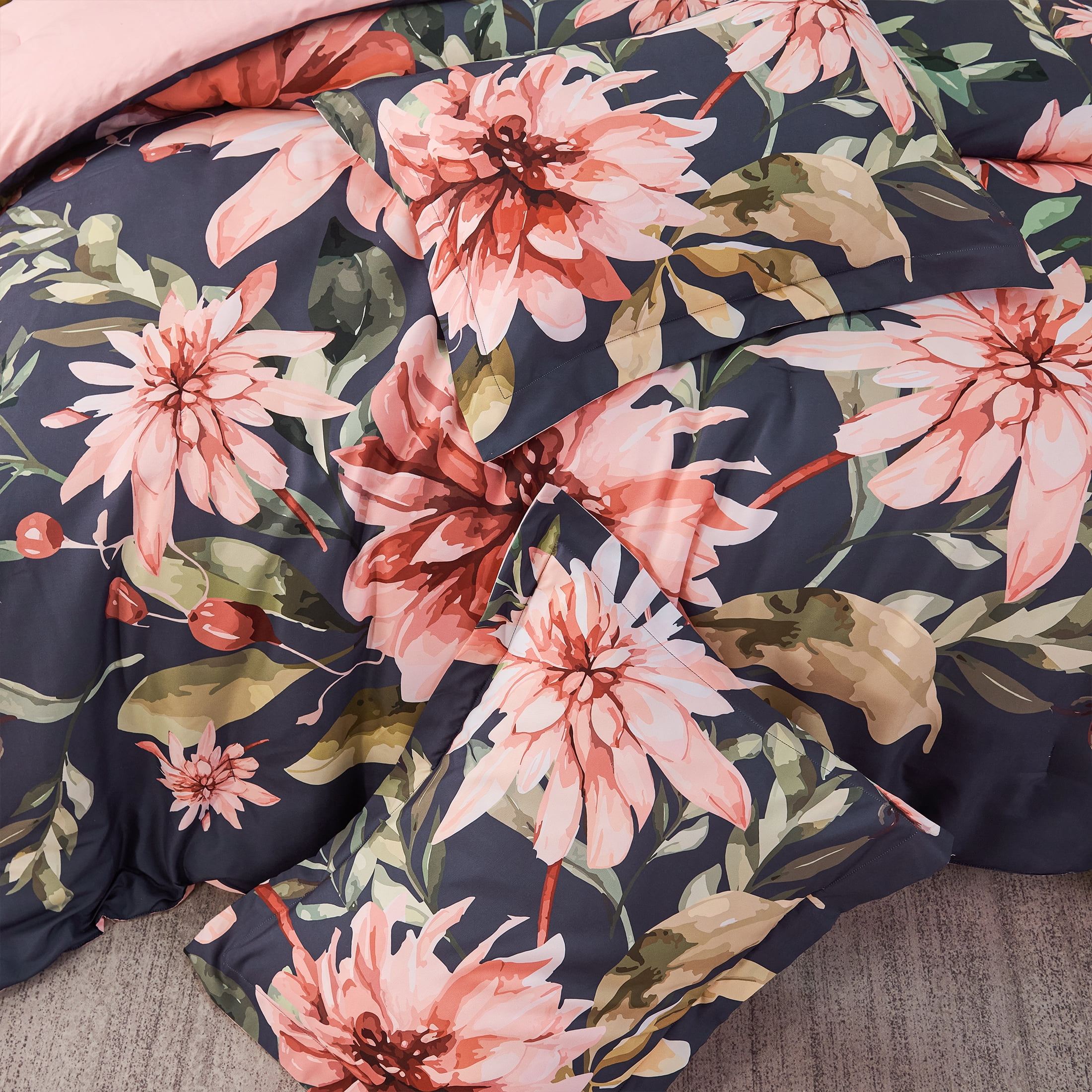 Koniroom Black and Pink Floral Comforter Set King Size – Reversible 3 Pieces Botanical Flower Bedding for All Seasons