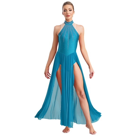 Haitryli Lyrical Dance Dress for Women Keyhole Back Sleeveless Leotard Sheer Flowy Long Wrap Skirt Light Blue L