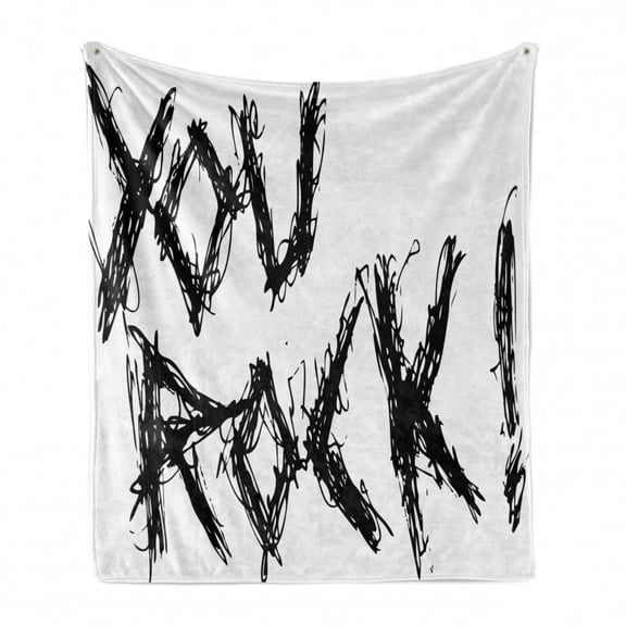 Saying Soft Flannel Fleece Throw Blanket, Phrase Positive Life Day You Rock Slogan Teen Print, Cozy Plush for Indoor and Outdoor Use, 70" x 90", Black and White, by Ambesonne