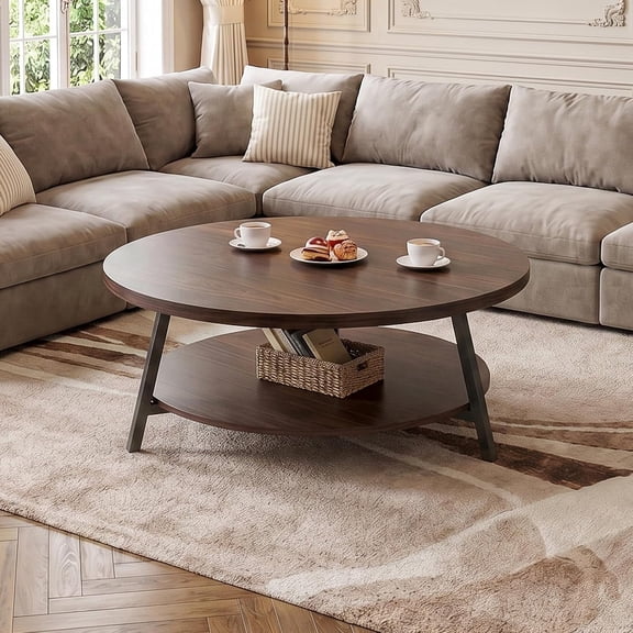 iSunirm 29.5" Round Coffee Table with Storage, 2-Tier Small Modern Wood Coffee Tables for Living Room, Black Walnut