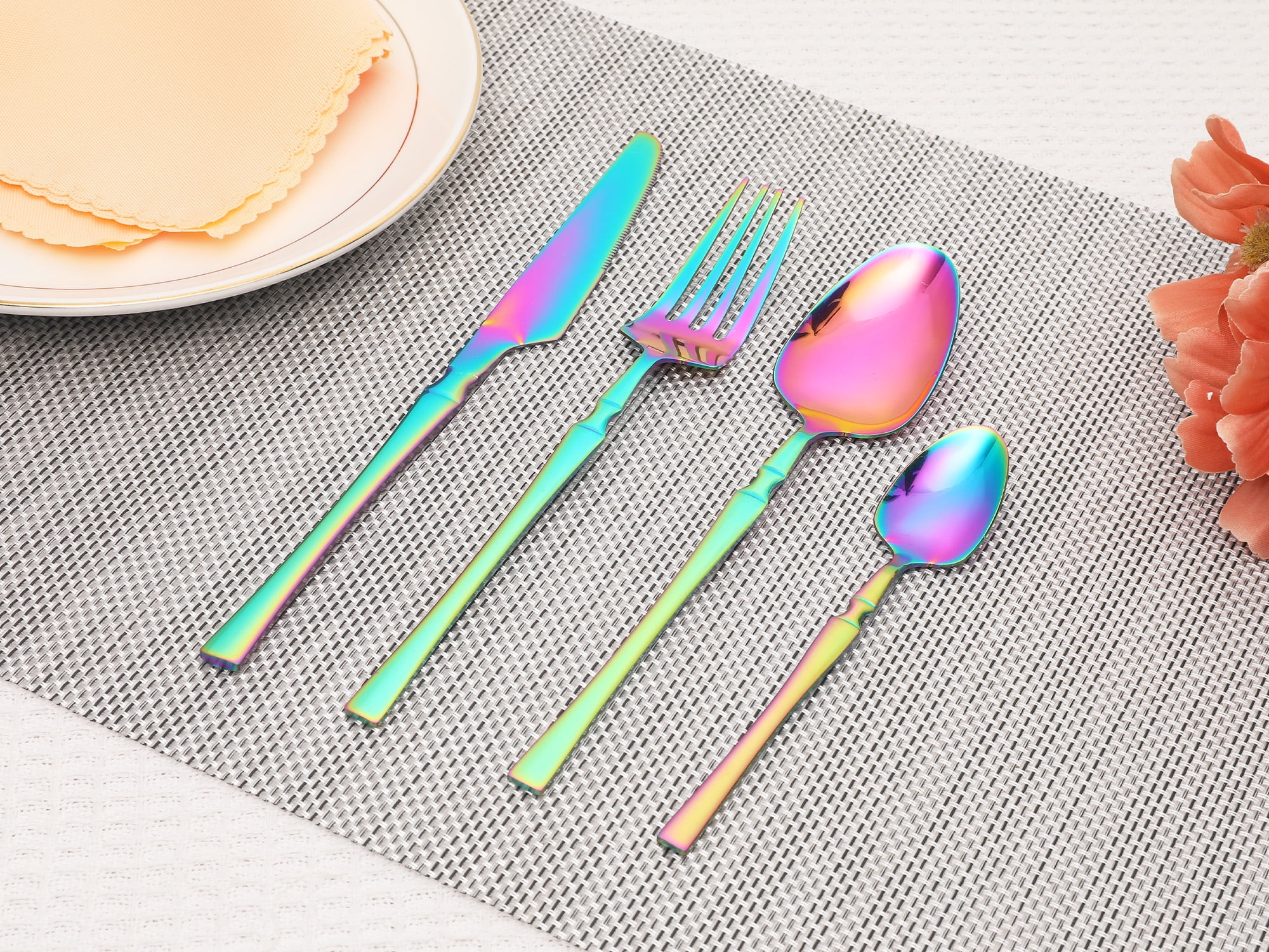 Unique Bargains 24 Pieces Silverware Set Stainless Steel Serving Utensils Set Colorful