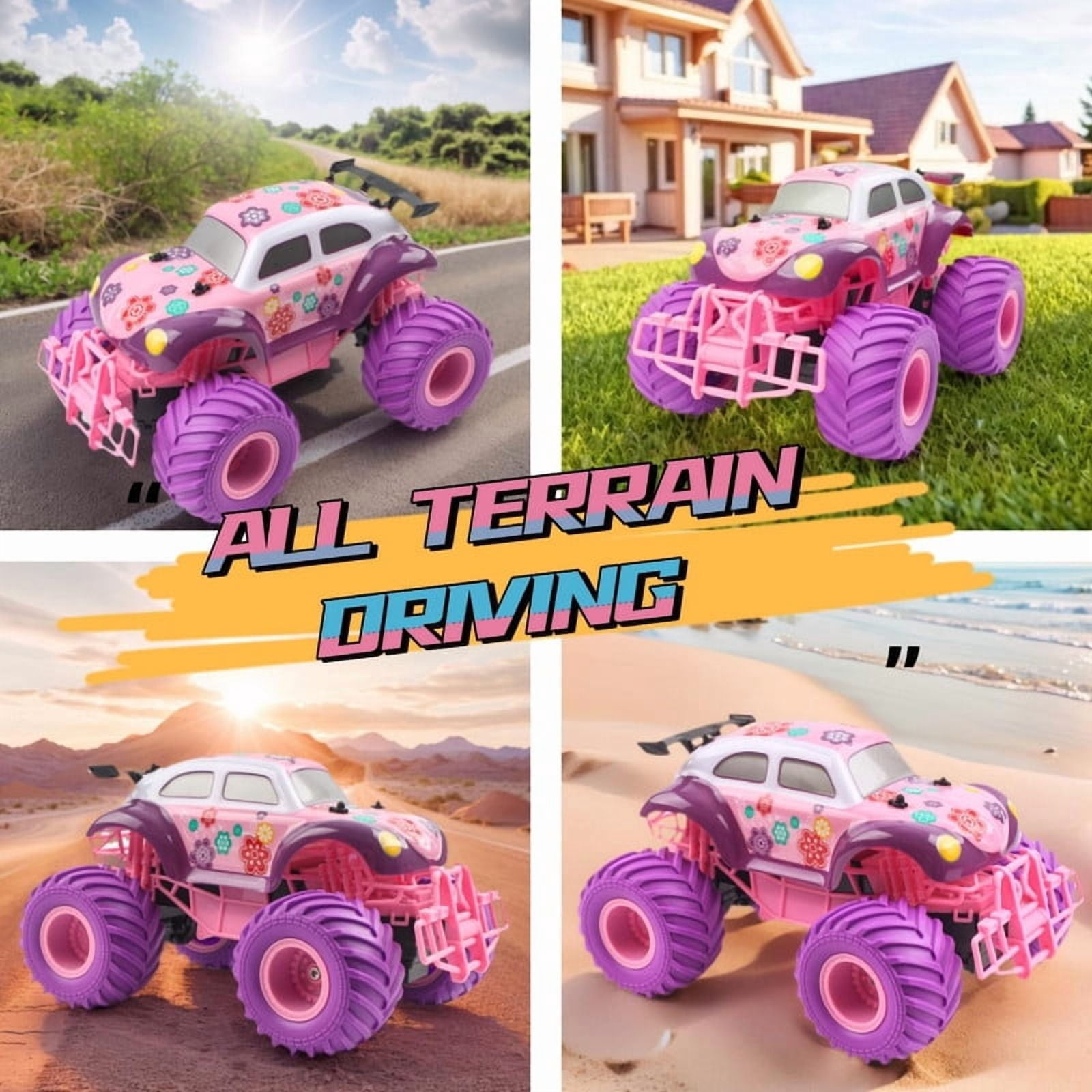 Funtogether Toys 1:16 Scale 2.4GHz RC All-Terrain Off-Road Monster & Beetle Bug Cars – Remote Control Toys for Girls Ages 6-12 (Pink & Purple) with Box