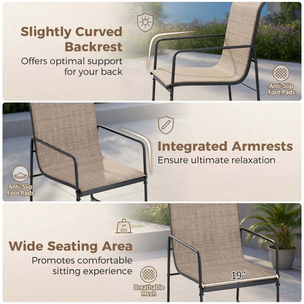 Hommoo 4-Piece Outdoor Dining Chair Set, Breathable Fabric Patio Chairs with Powder-Coated Steel Frame, Brown+Black