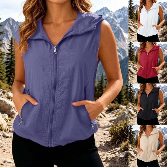 jiaxiM Women's Sleeveless UPF 50 Hooded Vest Breathable Zip Up Sun Protection Jacket for Hiking Running Beach with Pockets