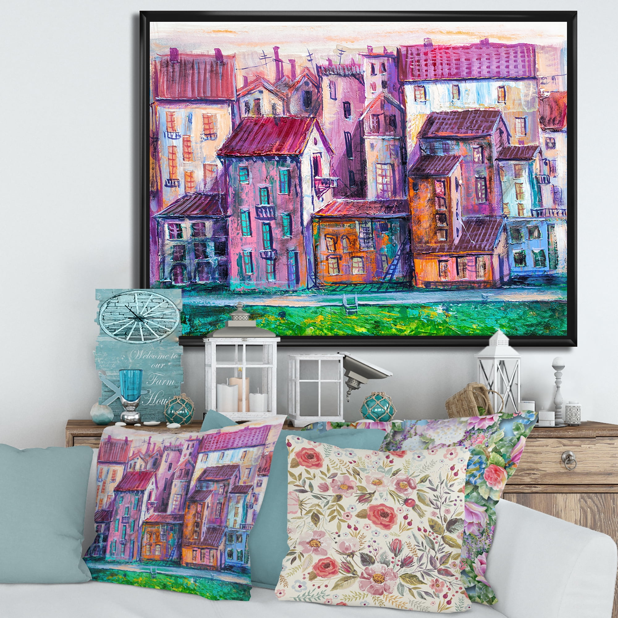 Designart 'Street With Colorful Old Homes Landscape' Modern Framed Canvas Wall Art Print