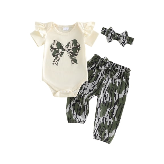 BemeyourBBs Newborn Baby Girls Hunting Clothes Infant Girl Spring Summer Fall Camouflage Outfits Bow Camo Bow Print Short Sleeve Romper Tops and Elastic Waist Pants Headband 2Pcs Set