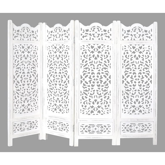 Room Divider Wood Screen Panel – Antique White, 4-Panel Folding 64"x48", Hand-Carved, Reversible Privacy Partition, Decorative & Functional Portable Room Divider for Home or Office