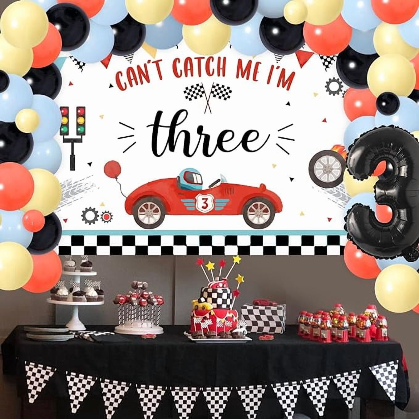 Retro Racing Car 3rd Birthday Party Decorations, Can't Catch Me I'm Three Backdrop, Vintage Race Car Balloon Arch Kit for Boys Girls Racing Themed 3 Years Old Birthday Supplies