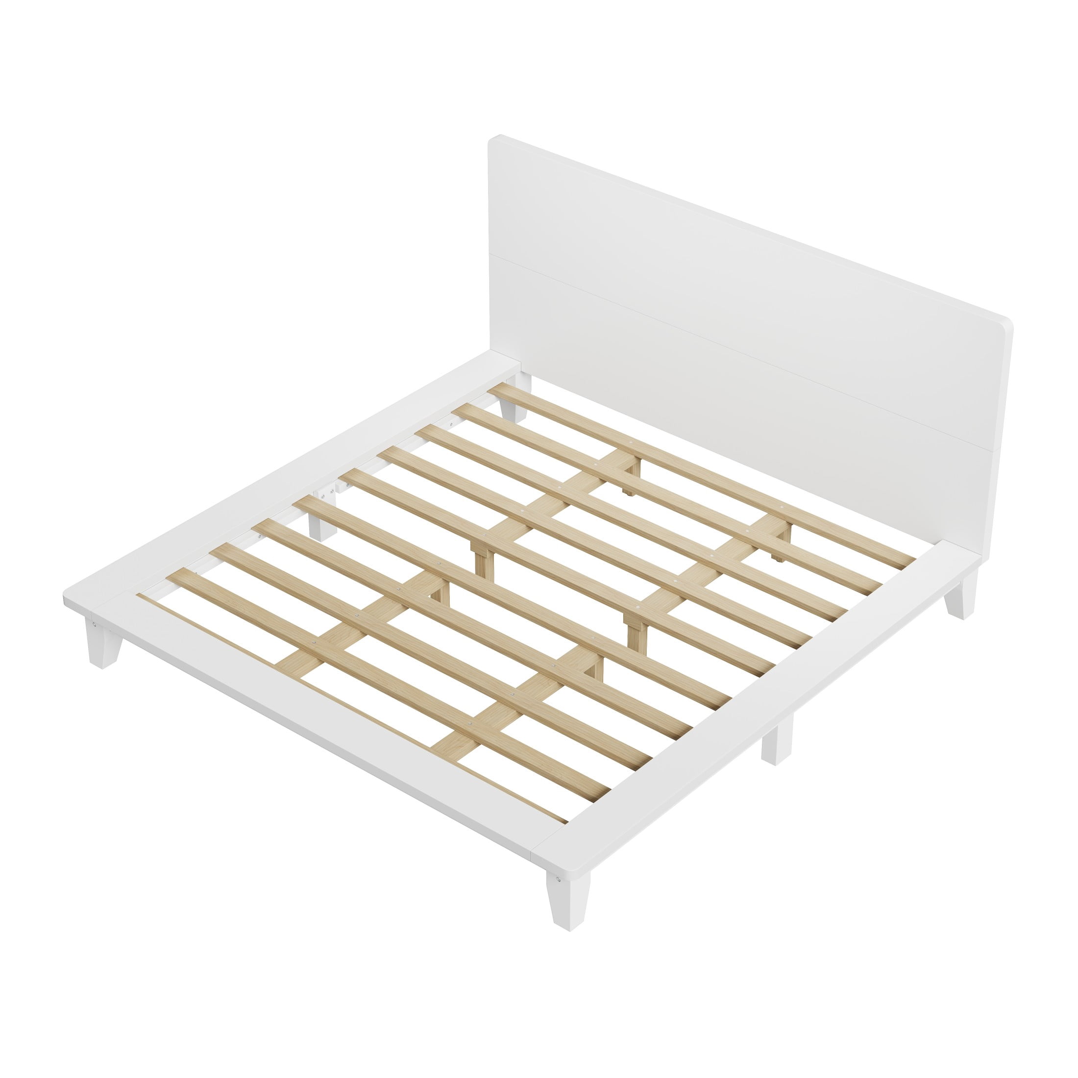 Noble House Hazel King Size Pine Wood Platform Bed Frame with Legs and Headboard, Mid-Century Modern Design, White