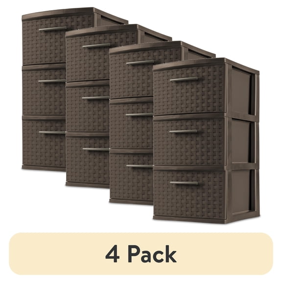 (4 pack) Sterilite 3 Drawer Weave Tower, Plastic Décor Drawers with Pull Handles, Brown
