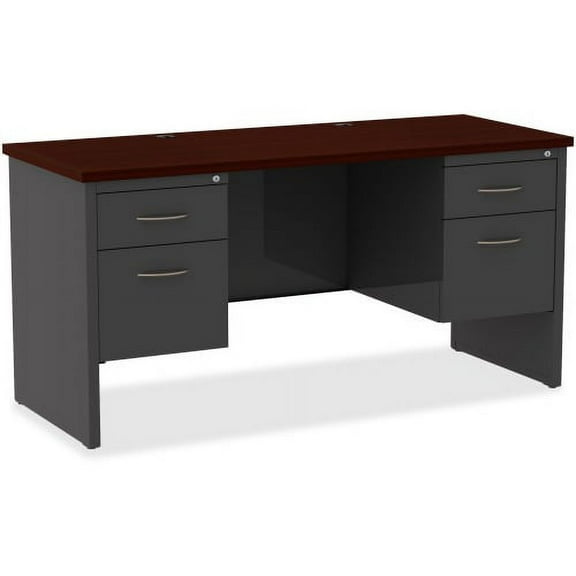 Lorell Mahogany Laminate/Charcoal Steel Double-pedestal Credenza - 2-Drawer 60" x 24" , 1.1" Top - 2 x Box Drawer(s), File Drawer(s) - Double Pedestal - Material: Steel - Finish: Mahogany Laminate, Ch