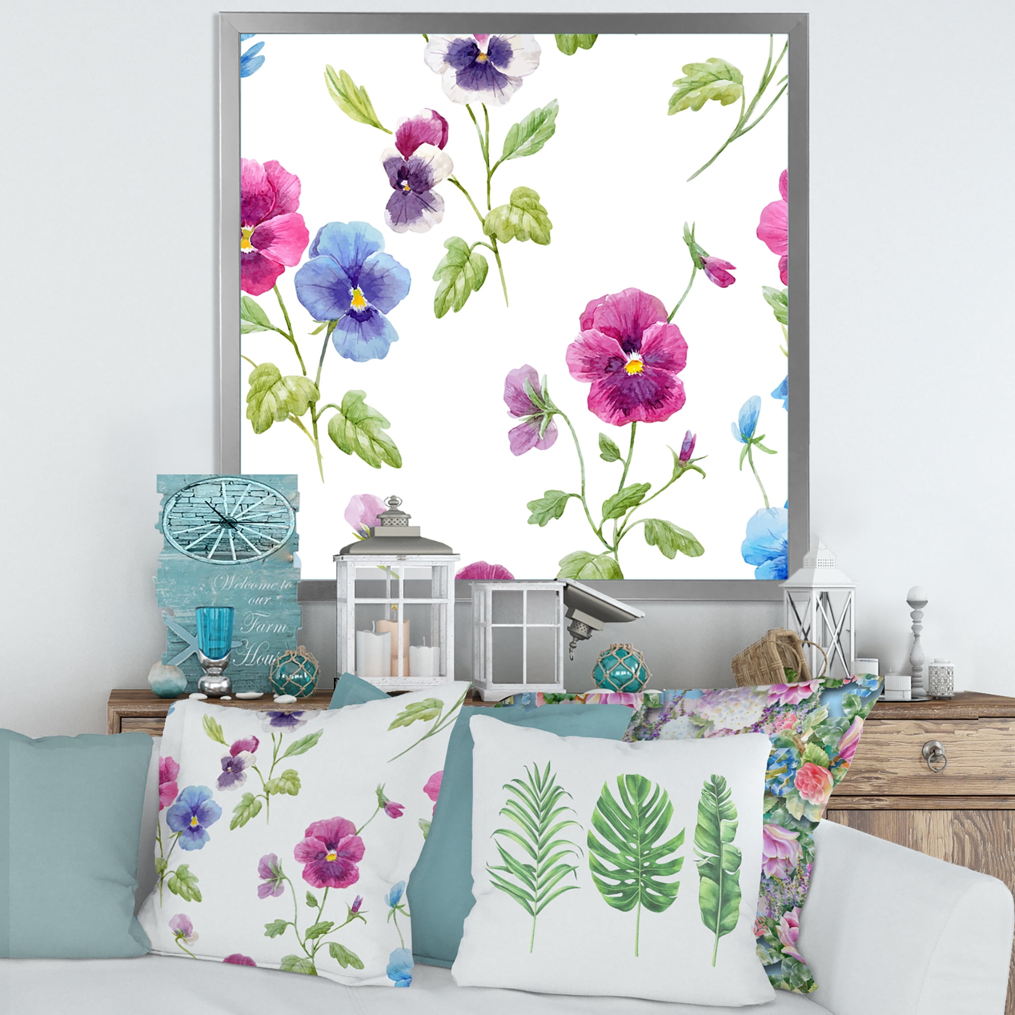 Designart 'Blue and Pink Pansy Flowers II' Traditional Framed Art Print