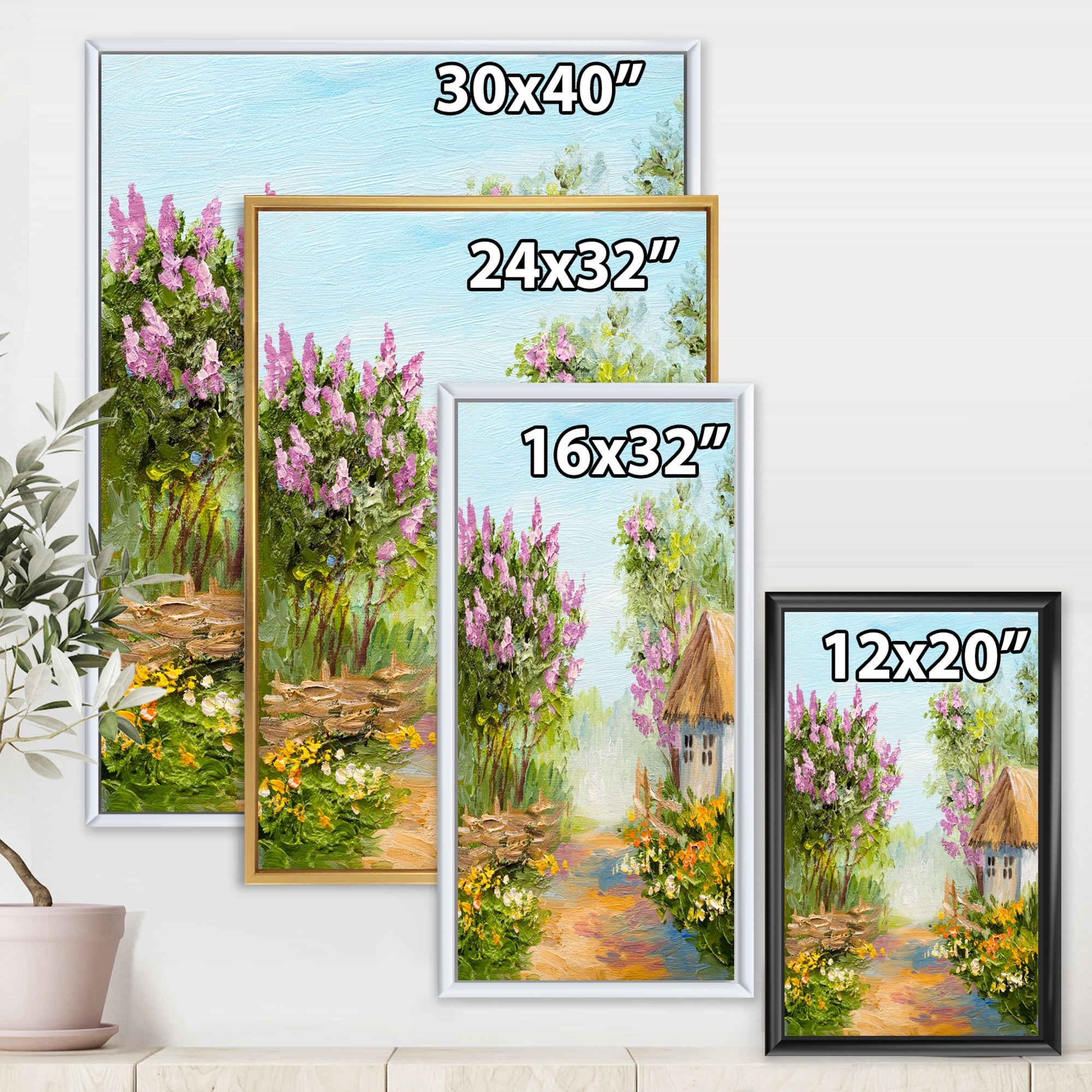Designart 'Little House In The Blossoming Flowers Forest' Lake House Framed Canvas Wall Art Print