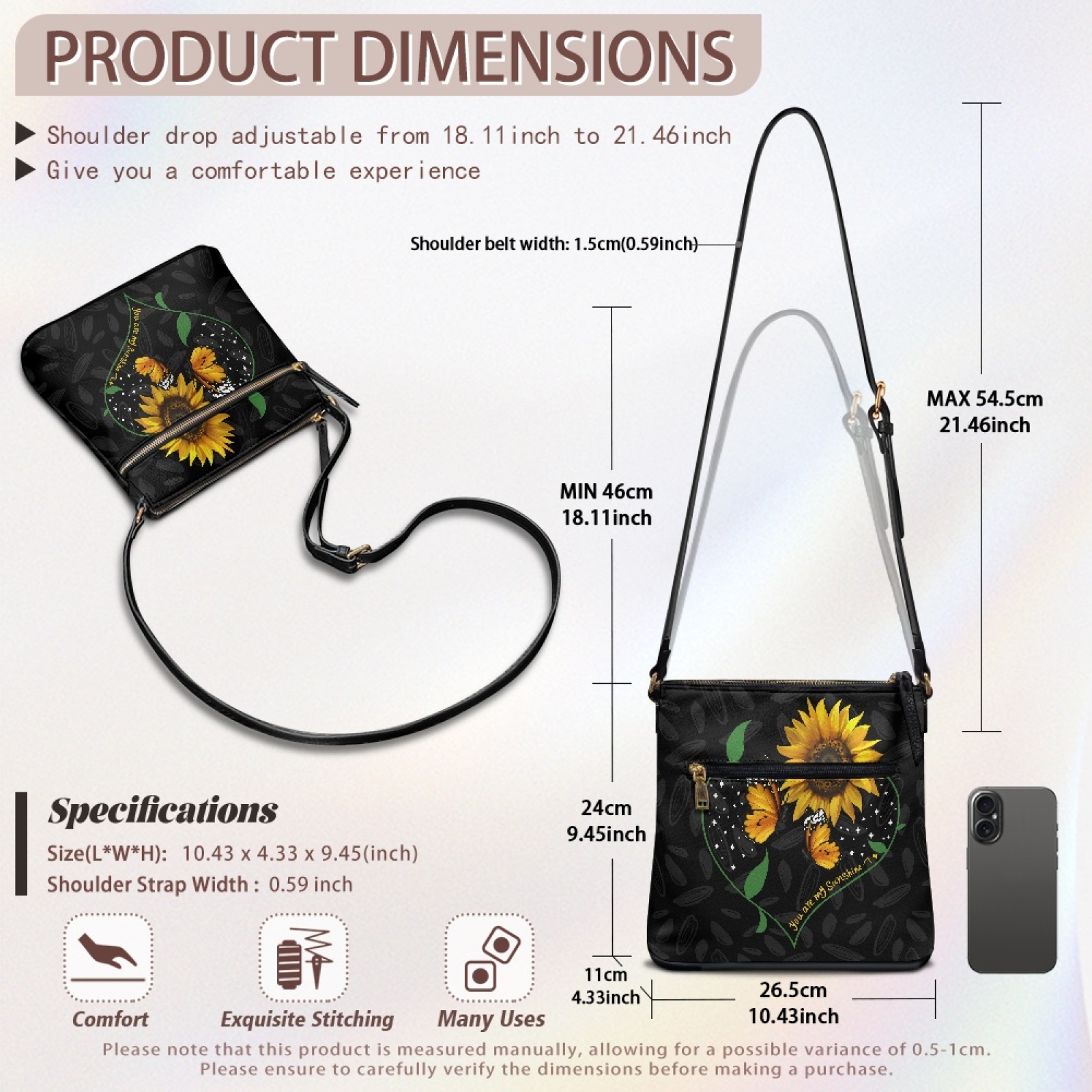 LedBack Sunflower Print Leather Women Crossbody Hobo Bag Portable Satchel Purse Multi Pocket Messenger Bag Soft Sling Shoulder Handbag Purse (You Are My Sunshine), Black