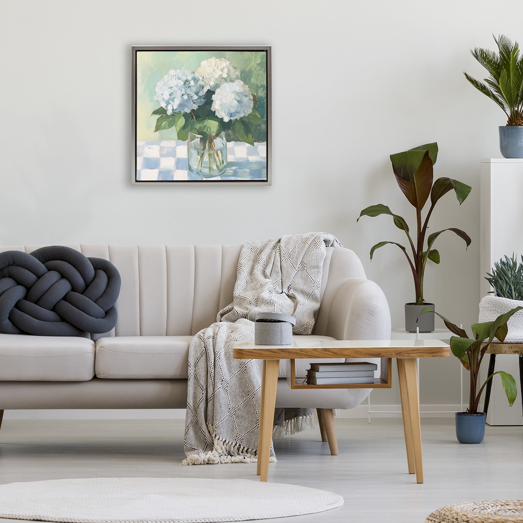 Stupell Industries Hydrangea Picnic on Checkered Gray Framed Floater Canvas Wall Art, design by Petal Prints Design