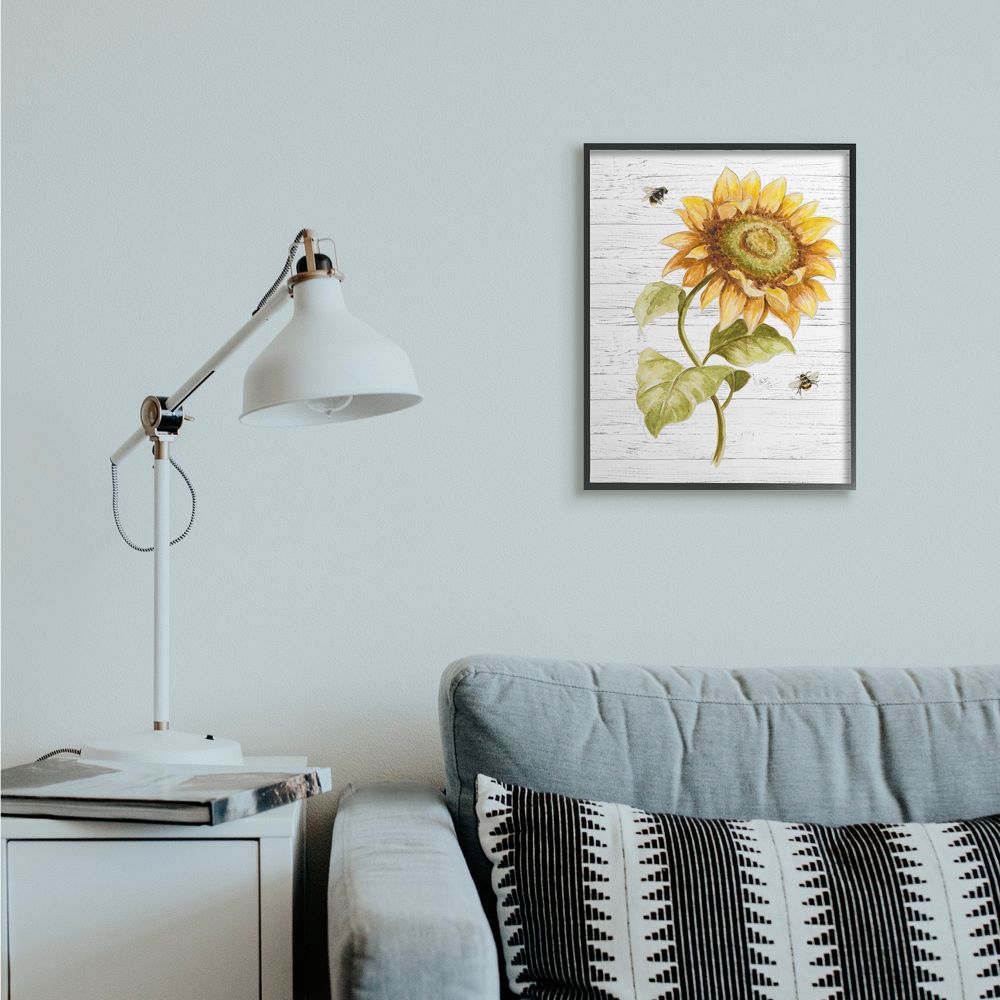 Stupell Industries Rustic Sunflower Floral Roaming Honey Bee Insect Black Framed by Patricia Pinto