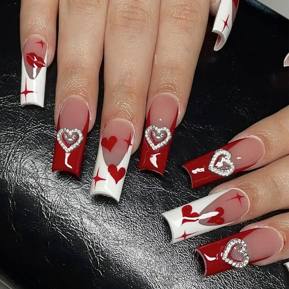 24pcs Long Coffin False Nails with Love Heart French Designs on Nails Manicure Nails Decors Valentine's Day Gifts
