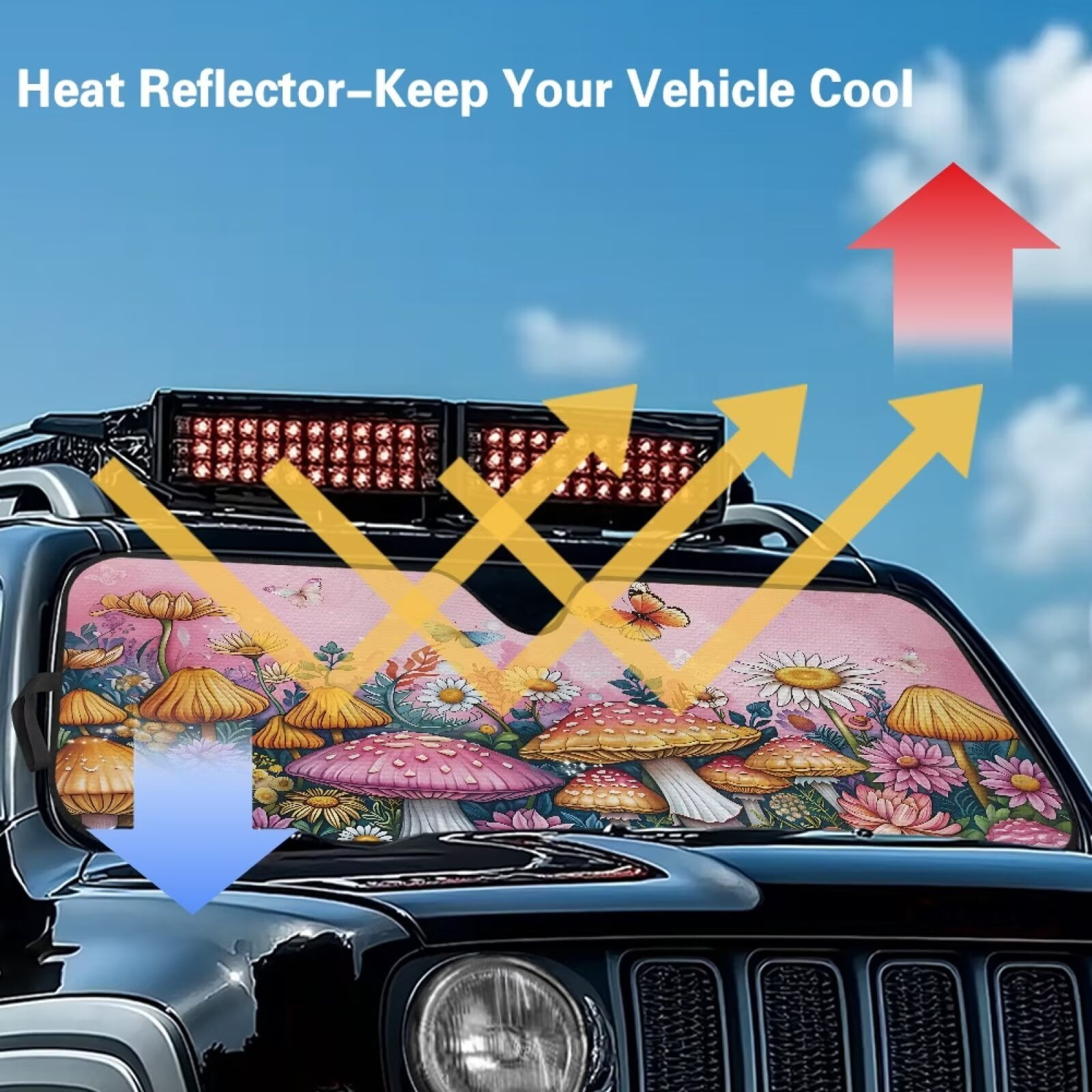 Uorisanigo Windshield Sunshade Sun Shade Heat Shield Folding Pink Mushroom Butterfly Sun Visor Mat Compatible with Jeep Wrangler TJ JK JKU 1996-2018 Interior Accessories for Jeep
