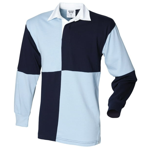 Front Row - Polo de manga larga diseño ajedrez con el cuello en blanco para hombre/Caballero Modelo Quartered (Marino/Cielo (Cuello blanco))