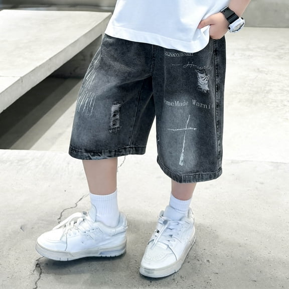 ZHOGXU Kids Boys Summer Denim Shorts Distressed Ripped Cargo Pocket Lightweight Comfortable Knee Length Shorts For Daily Wear,Black,4-5 Years