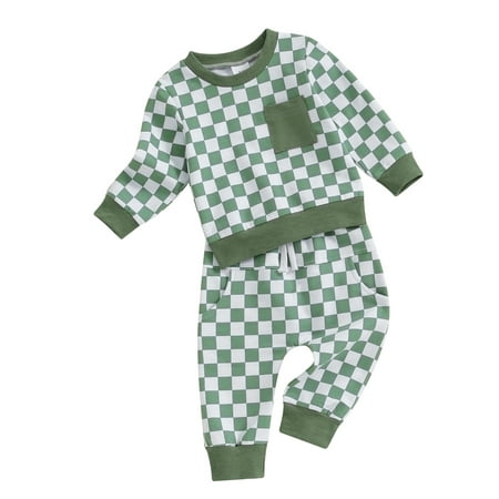 

Co.MMehjri Toddler Baby Boys 2PCS Pants Sets 0-3T Infant Long Sleeve Checkerboard Print Sweatshirt Tops and Drawstring Pants Sets