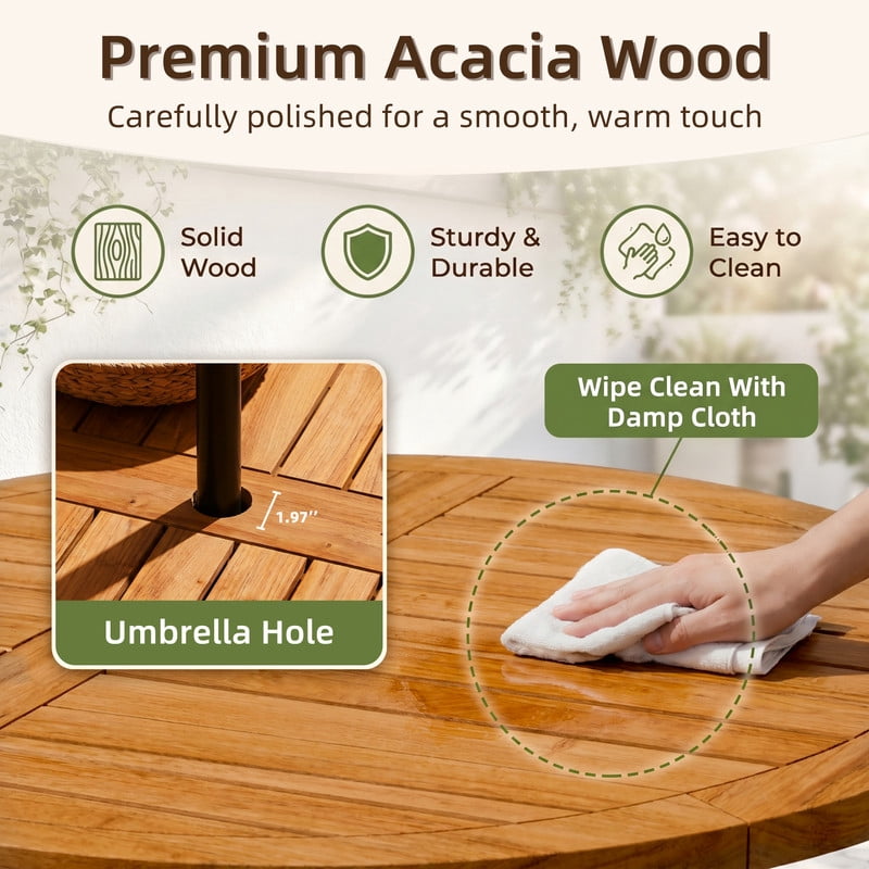 Vineego 5 Pieces Folding Patio Dining Set, Acacia Wood Round Table with 4 Chairs, Outdoor Furniture with Umbrella Hole for Deck, Garden