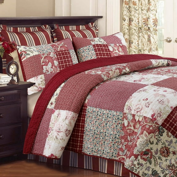 Red Tones Patchwork Quilt Set 3Pcs Bedding Set Bedroom Bed 100% Cotton Full/Queen Size