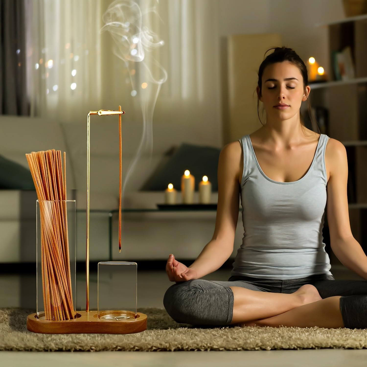 Modern Upside Down Incense Holder & Candle Stand - 2-in-1 Wood Base with Glass Ash Catcher, for Yoga, Meditation, Home Decor(XX)