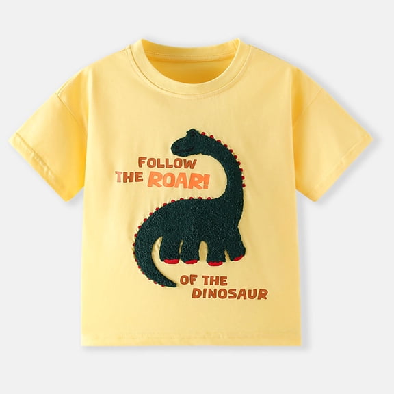 DAETIROS Boys Dinosaur T-Shirt with 3D Chenille Patch Yellow Brachiosaurus Graphic Tee Kids Boy Clothes 2-8 Years,Size 8 T