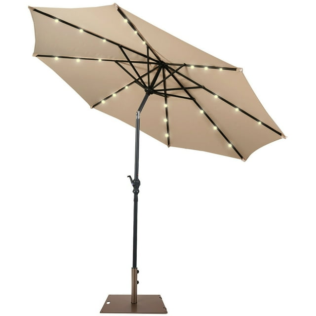 Gymax 10 Ft Patio Table Market Umbrella w/ 24 Solar LED Lights & Heavy-duty Base Beige