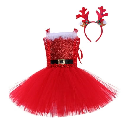 

LIhncine Girls Dress Child Girls Tulle Pageant Dress Christmas Party Gown Princess Dresses (Red 6-7 Years)