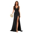 thumbnail image 1 of Vestido de dama de honor YMSHA negro plisado con cuello en V largo satinado 2025, 1 of 7