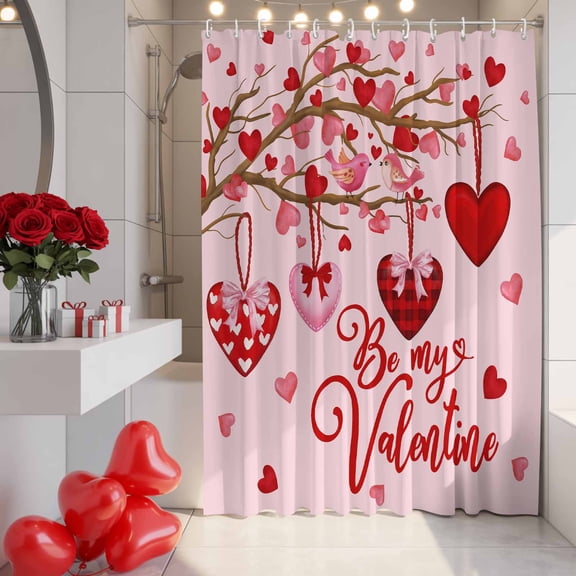 Valentine's Day Shower Curtain, 36" x 72", Be My Valentine Pink Birds on Love Heart Branch Waterproof Bathroom Curtain Washable Shower Curtain Set with 12 Hooks
