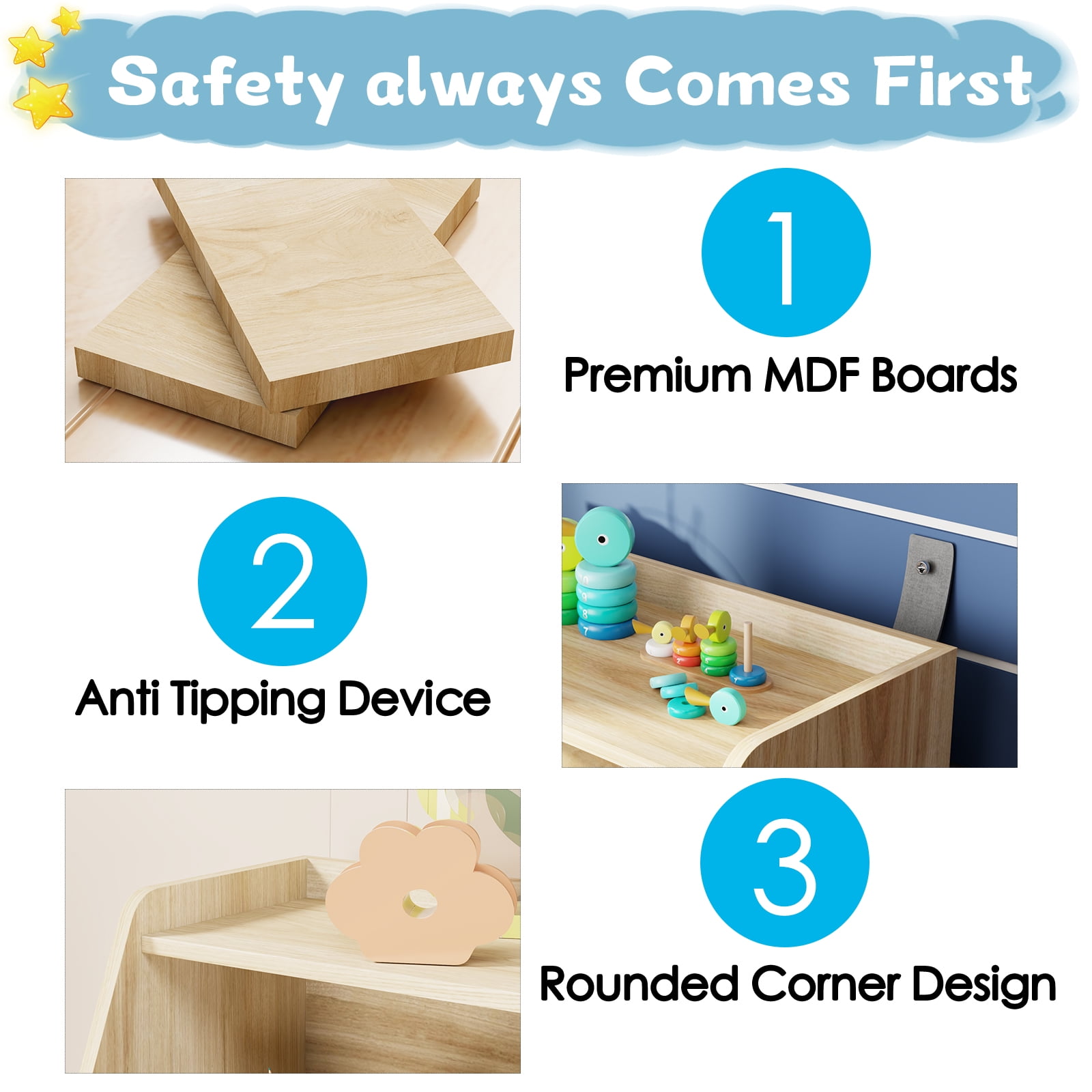 3-Tier Portable Toy Storage, Kids Toy Organizer W/2 Removable Bins with 4 Wheels（Wood)