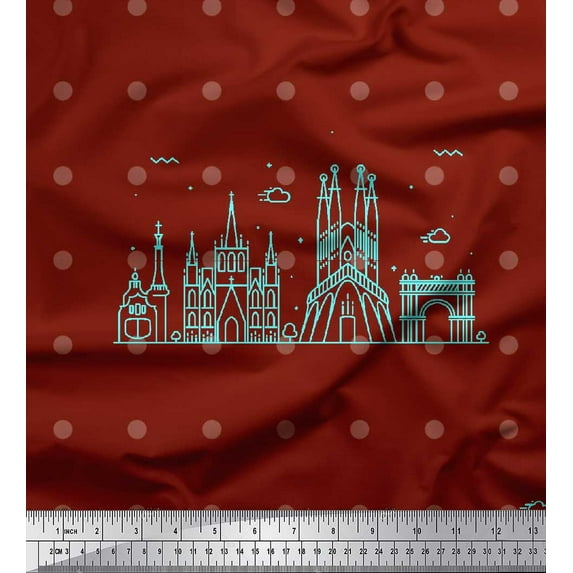 Soimoi Red Rayon Fabric Dot & Sketch Monuments Architectural Print Fabric by the Yard 42 Inch Wide