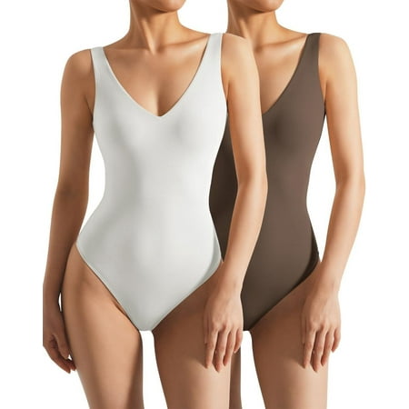 Women 2 Piece Thong Bodysuit Sexy V Neck Backless Sleeveless Tank Tops