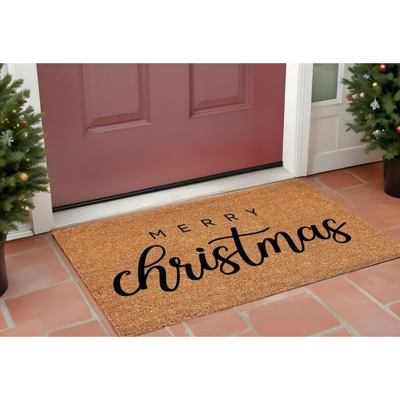 HomeRoots 555216 17 x 29 in. Natural & Black Coir Merry Christmas Outdoor Door Mat