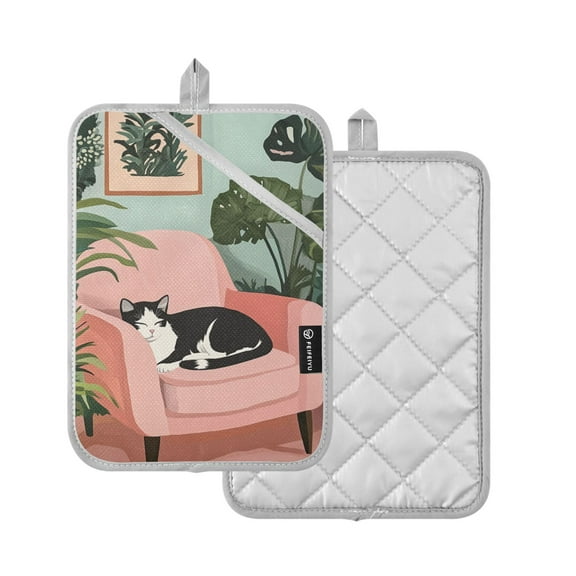 Yayeee Pot Holders Kitchen Heat Resistant with Pocket 7"x9.8" Cotton Oven Cooking Hot Pads, Pink Sleeping Cat