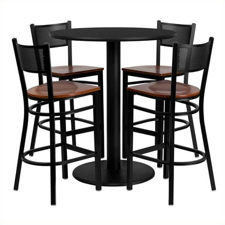 Flash Furniture 36'' Round Black Laminate Table Set with 4 Grid Back Metal Barstools, Cherry Wood Seat