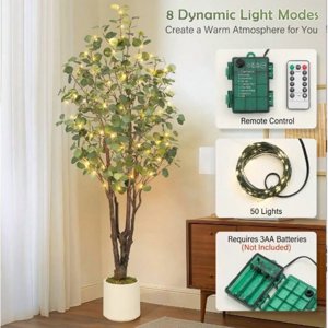 Acekid Artificial Eucalyptus Tree 6ft Tall Fake Artificial Plant with White Planter，Large Faux Floor Plant Fake Silk Trees with 50 Lights Artificial Trees for Home Decor