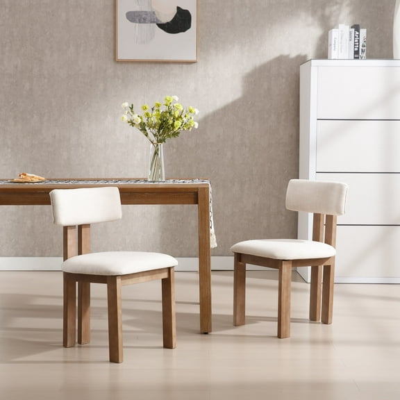 Guyou Wooden Dining Chairs Set of 2, Mid Century Modern Linen Upholstered Dining Side Chairs, Farmhouse Kitchen Chairs with Curved Back for Kitchen Dining Room Living Room, Beige