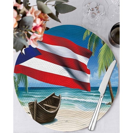 13 Inch Round Placemats Set of 4, Puerto Rico Flag Sea Non Slip Heat Insulation PP Table Mats, Beach Palm Trees Boat Nautical Washable Place Mats for Kitchen Dining Party Table Decor
