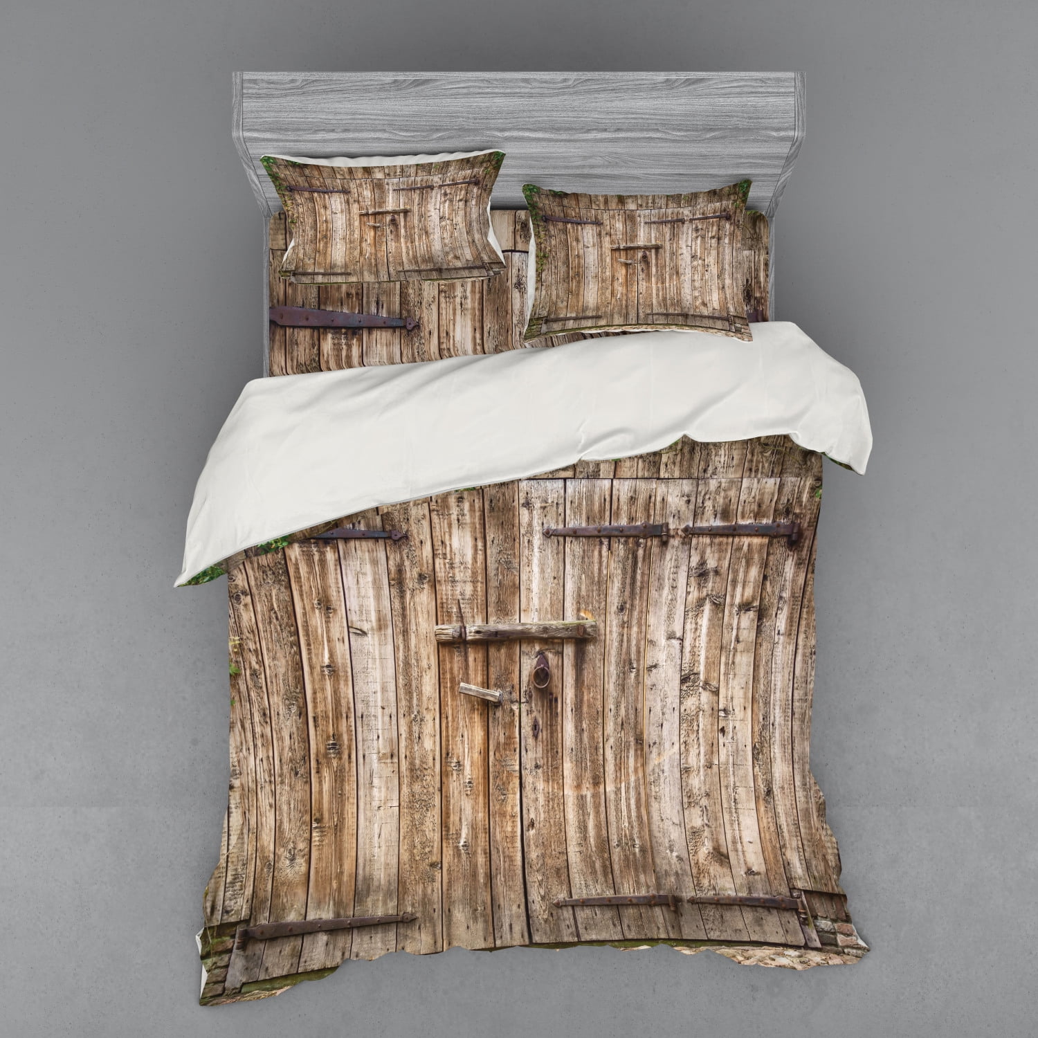 Rustic Duvet Cover Set, Old Oak Closed Garage Door with Steel Hinges