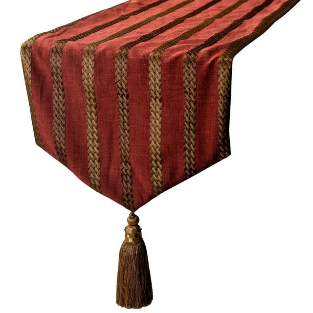 The HomeCentric Chemin de Table en Lin, Tissu en Lin Rouille avec Broderie et Glands Lin Rouge 14 x 108 Pouces extra long, Décor de Mariage Linge de Table Chemin de Table Moderne - Rayure Sumac