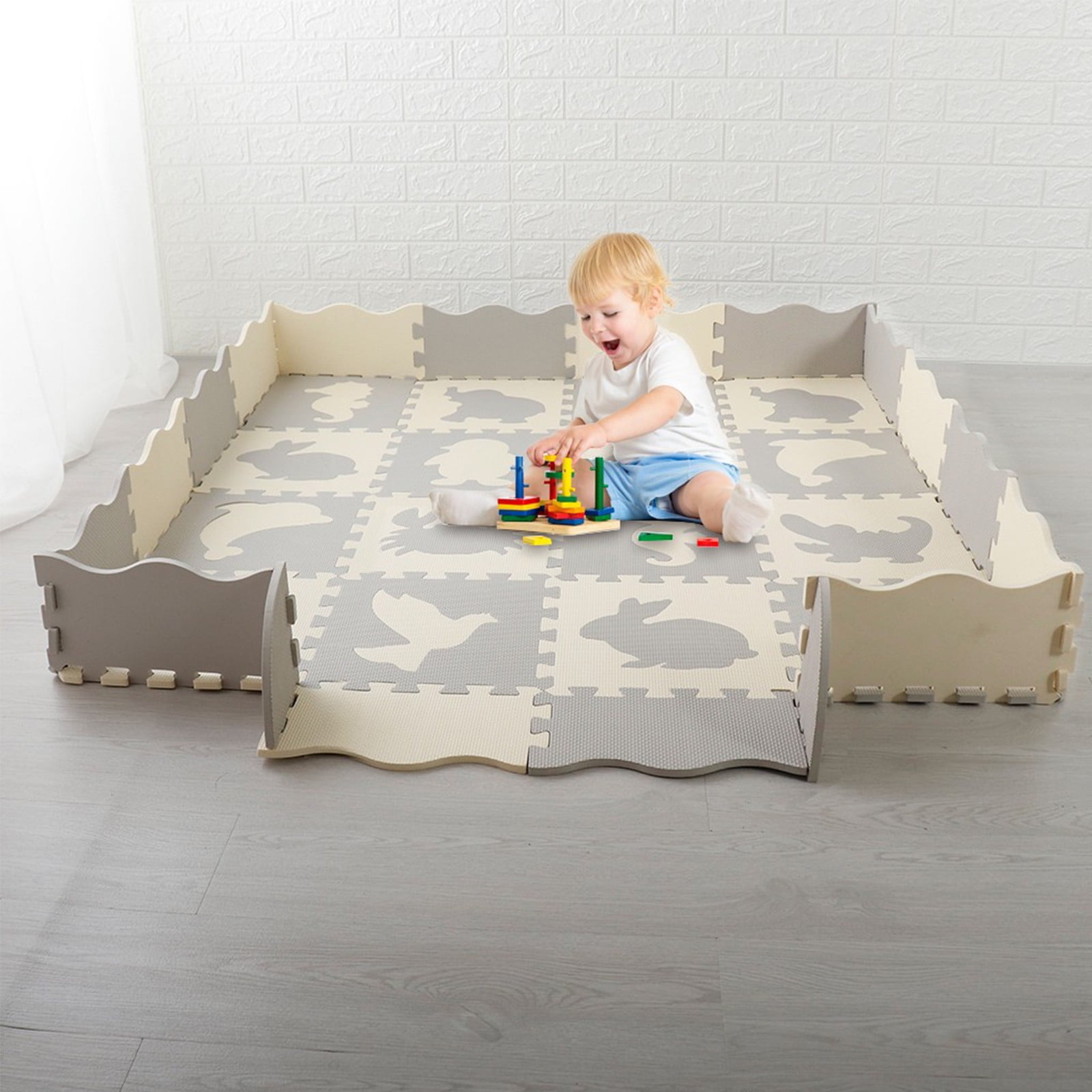 BJBSJSZ Kids Play Mat Interlocking Foam Floor Tiles, Animal Styles Puzzle Mat Soft Non-Toxic Crawling Foam Mat with Fence, Activity Playmat for Toddlers Room Decor