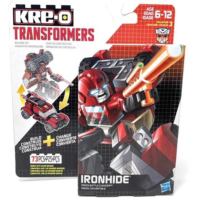 Hasbro IRONHIDE Battle Changer Transformers Ensemble KRE-O Comprenant 73 Pcs Multicolores. l'Emballage Montre une illustration Dynamique d'IRONHIDE sous Forme de robot Tenant une Arme, à Côté d'Une image de la Forme du Véhicule. Ce Jouet à Construire Se Transforme de Façon Fluide entre robot et Véhicule Sans Démontage. Fait Partie de la collection Kreon Convertible Battle Changers, Convient aux 6 Ans et Plus.