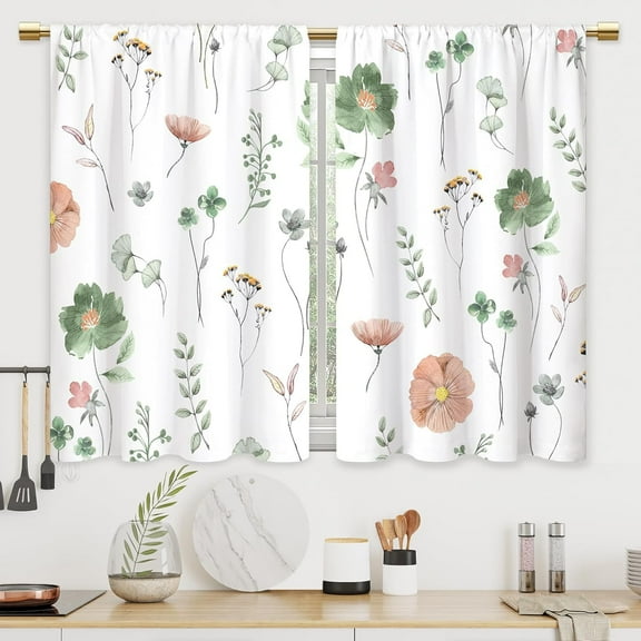 Boho Green Flower Floral Botanical Cafe Tier Curtains for French Door, 2 Panels 28x40 Inch