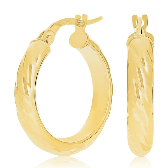 Italian 14k Yellow Gold Rope Design Small Wide Hollow Hoop Earrings