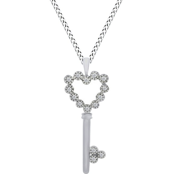 AFFY Round Cut White Natural Diamond Heart Key Pendant Necklace In 14K White Gold
