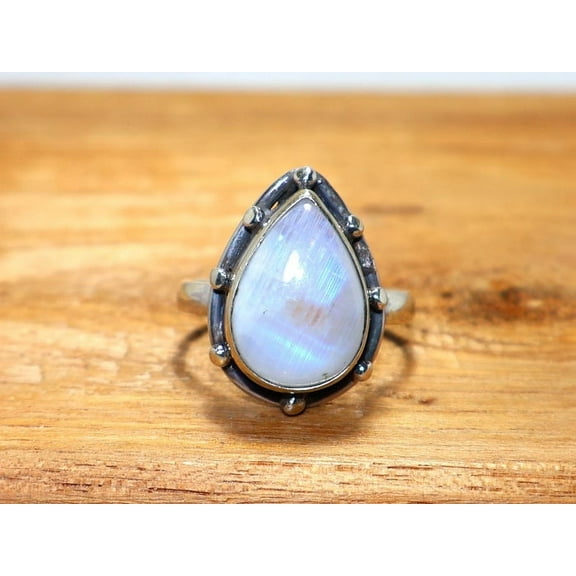Heaven Crafts Rainbow Moonstone Ring Pear Shape Gemstone Solid 925 Sterling Silver Statement Jewelry Promise Gift For Her